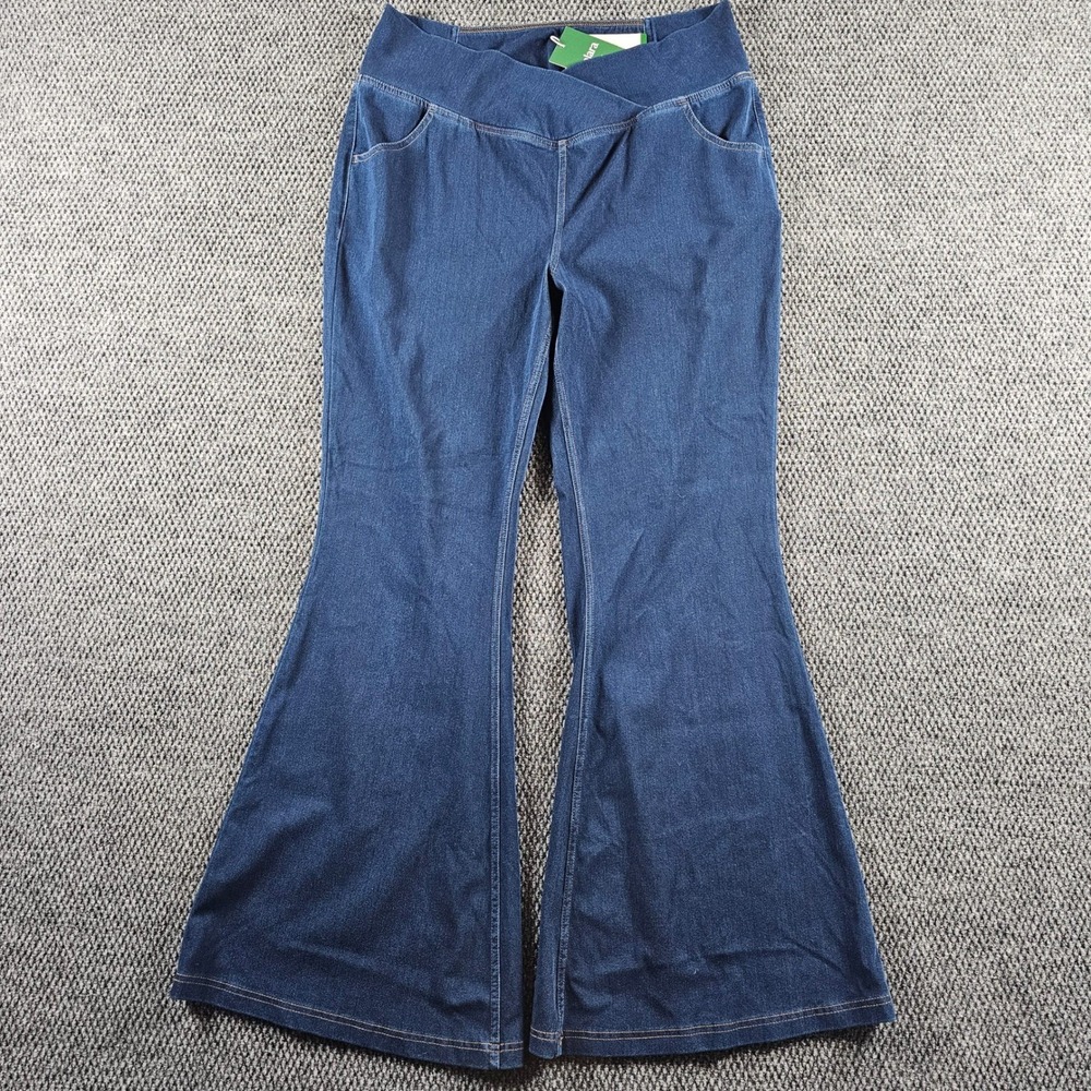 NEW Halara Flex Crossover Waist‎ Flare Jeans XL Blue Stretch Denim Pull On